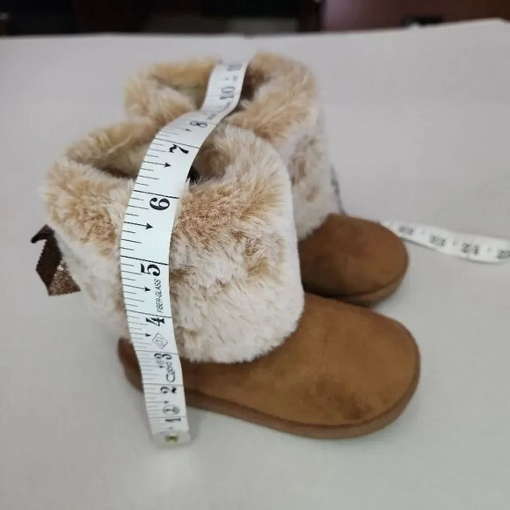 First‎ Steps Slipper Boots Kids Size 8 Brown Cream Ankle Faux Fur Soft Sole Cozy